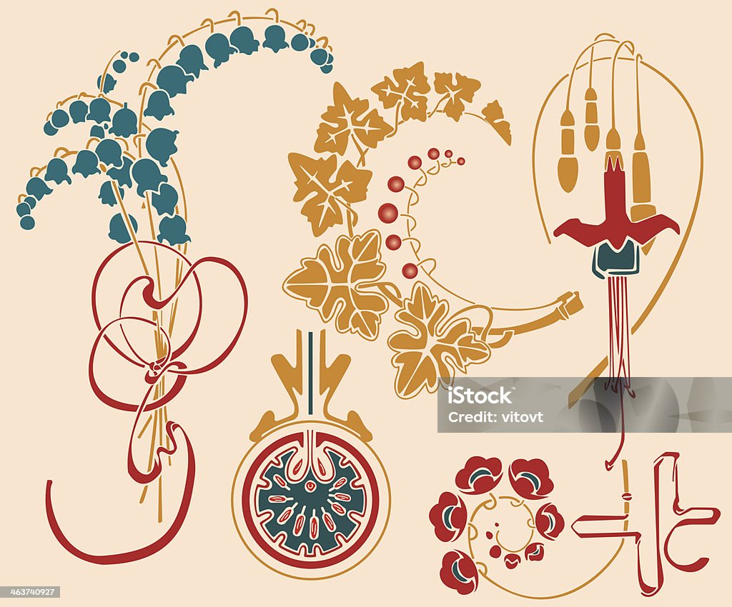 Flower ornates Ornate lilies of the valley, garnet and poppies Abstract stock vector