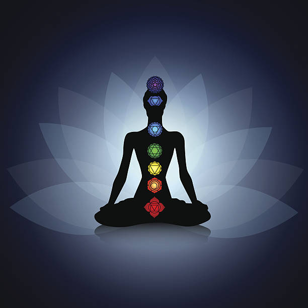 Yoga silhouette Human silhouette in yoga pose with chakras chakra illustrations stock illustrations