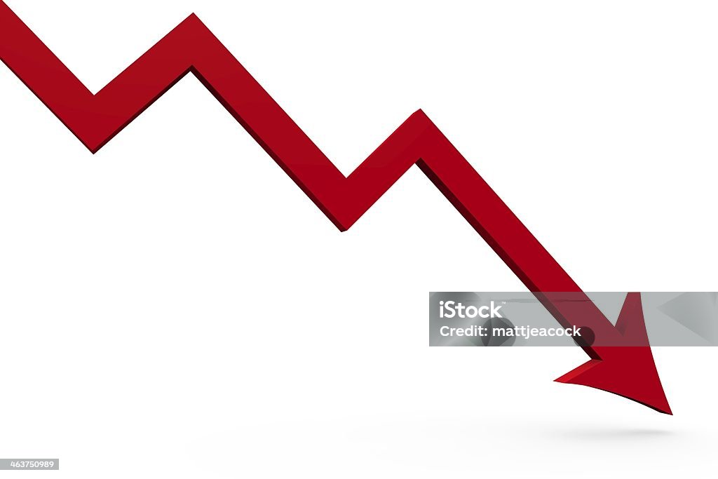 A red arrow, probably from a computer chart, pointing down. Red arrow Moving Down Stock Photo