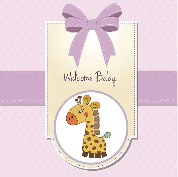 Vector illustration of new baby girl announcement card with giraffe