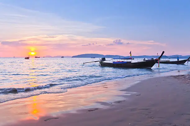 Sunset with sea and islands at Aonang, Krabi, Thailand