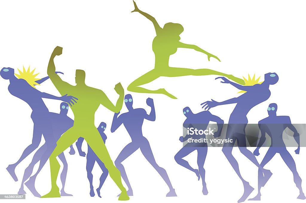 Superheroes Fighting Bad Guys A cartoon silhouette of a superhero couple fighting bad guys. Easy to edit, each object grouped on its own Lady Justice stock vector