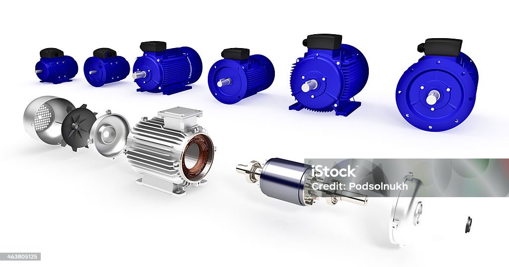 Set of different industrial electric motors Set of different industrial electric motors . Disassembled electric motor Concepts Stock Photo