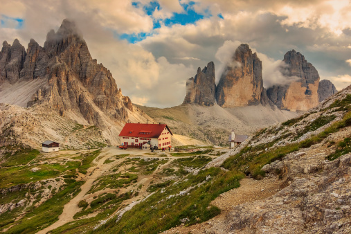 Dolomites mountain panorama and Locatelli Refuge,Tre Cime Di Lavaredo,South Tyrol,Italy,Europe
