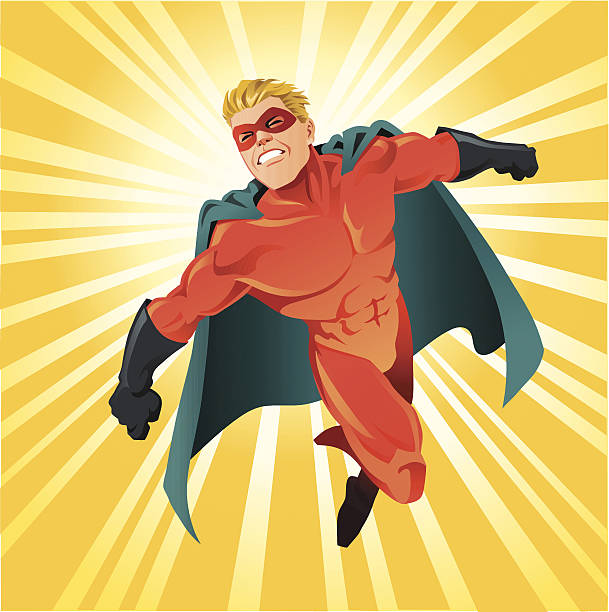 illustrazioni stock, clip art, cartoni animati e icone di tendenza di potente supereroe volare - valiant