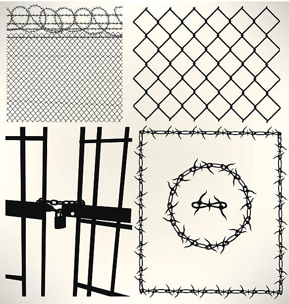 illustrazioni stock, clip art, cartoni animati e icone di tendenza di cella, parete e filo spinato - topics barbed wire fence chainlink fence
