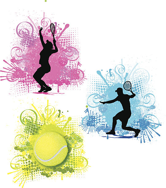 ilustraciones, imágenes clip art, dibujos animados e iconos de stock de de tenis de salpicaduras de color de gráficos-macho y hembra - torneo de tenis