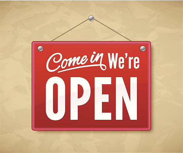 Come In We're Open Come In We're Open business sign. EPS 10 file. Transparency effects used on highlight elements. yes no icon stock illustrations