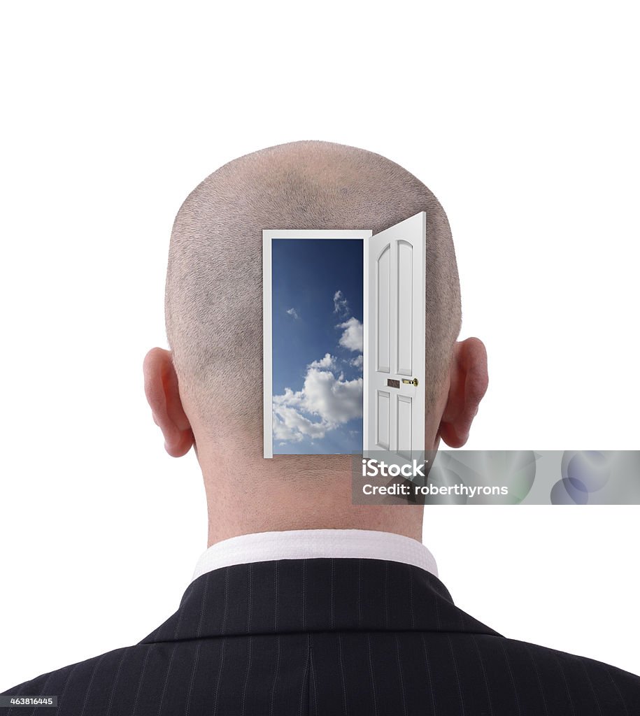 Open head Head with  open doorway to reveal inside Door Stock Photo