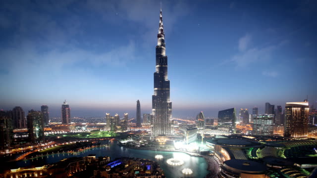 Dubai Skyline at dusk with fountain light show