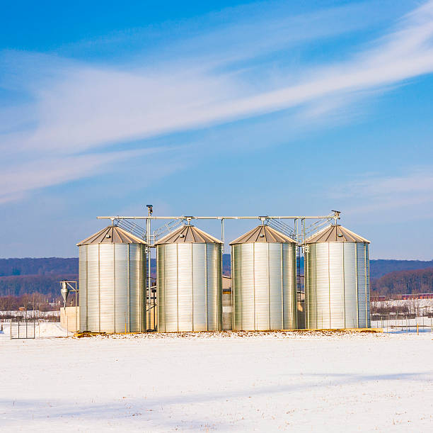 istock landscape with silo and snow white acre 463837677