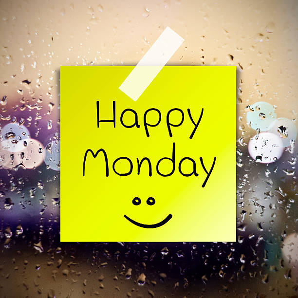 Happy Monday water drops background with copy space stock photo