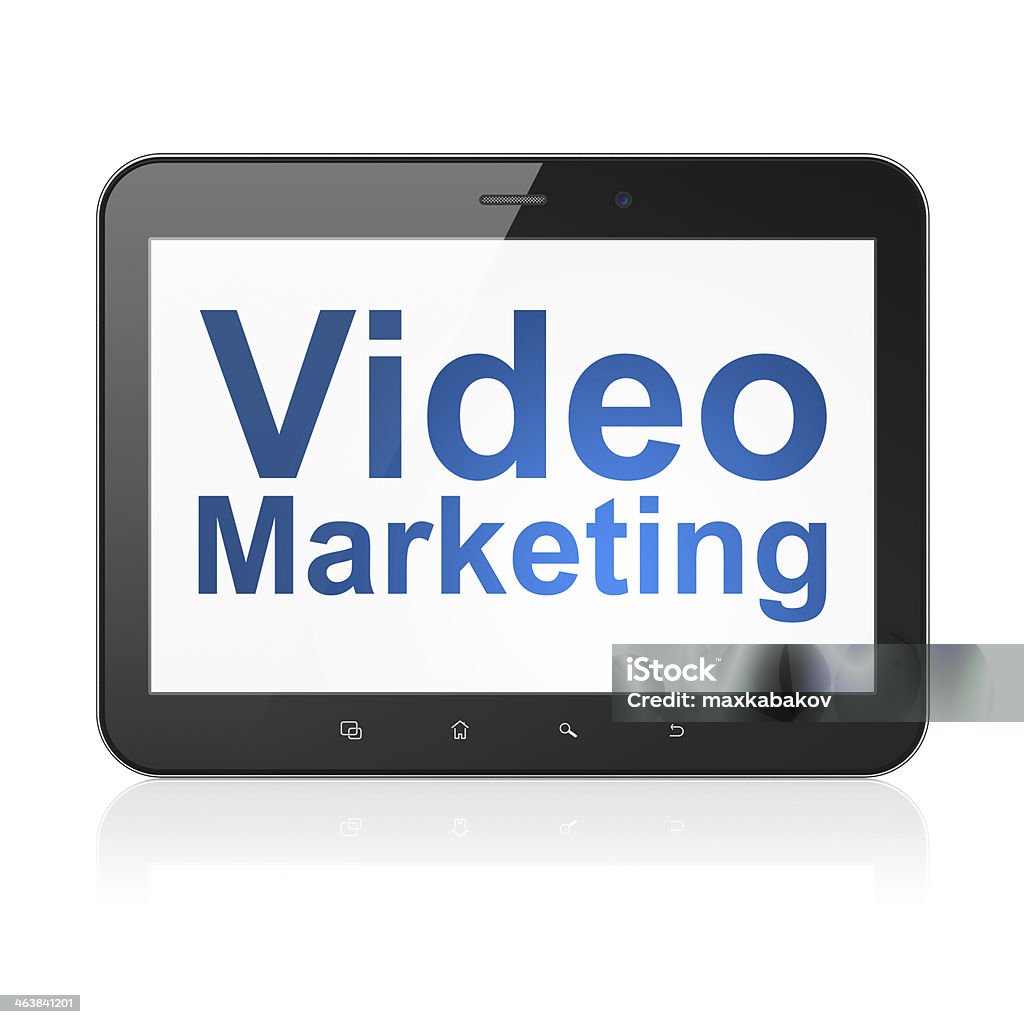 Business concept: Video Marketing on tablet pc computer Business concept: black tablet pc computer with text Video Marketing on display. Modern portable touch pad on White background, 3d render Achievement Stock Photo