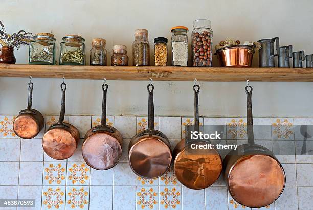Kitchen Four Stock Photo - Download Image Now - Cooking Pan, Copper, Hanging