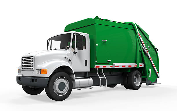 Isolated green and white garbage truck Garbage Truck isolated on white background. 3D render utilize stock pictures, royalty-free photos & images