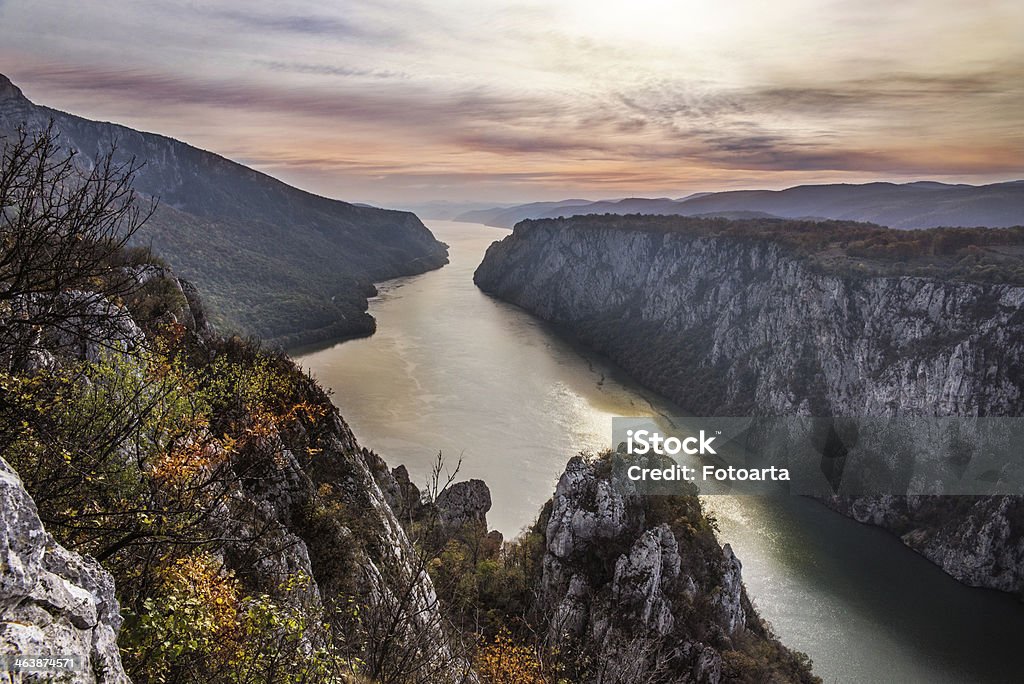Gorges of the Danube Gorges of the Danube. Mountain view from above river Danube. Surrounded by hills. Location- Djerdap, Eastern Serbia. On the other side of canyon is Romania. Aerial View Stock Photo