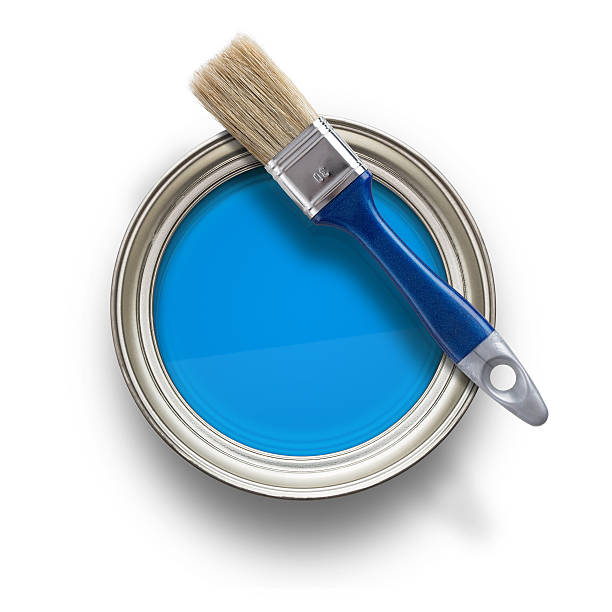 lata de pintura - isolated on blue fotografías e imágenes de stock