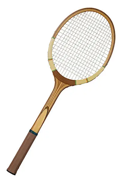 Old wooden tennis racket isolated on white background