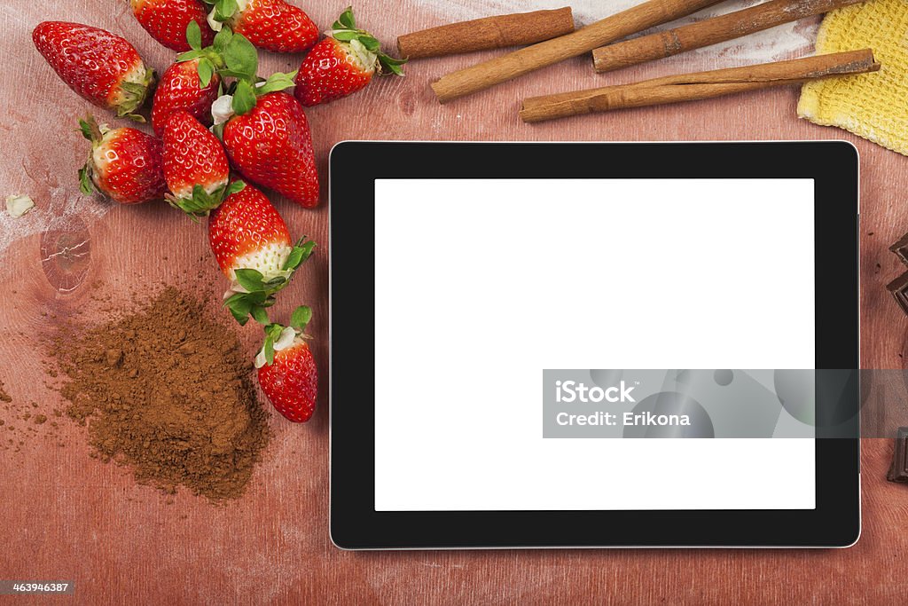 Cooking with digital tablet Digital tablet with blank screen and raw food on table Blank Stock Photo