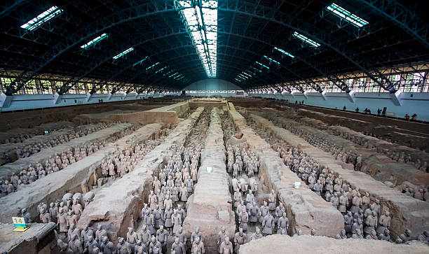 Terracotta Army rmy of Terracotta Warriors and Horses (兵马俑) (; Bīngmăyŏng), 20km east of town, 2km west of the Qinshihuang Mausoleum (Take bus 306 (7¥) or 914 - express (8¥) from the main train station. terracotta soldiers stock pictures, royalty-free photos & images