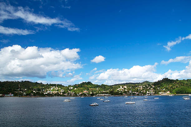 Atlantic ocean with yachts in a bay, island Samana, Dominican Republic