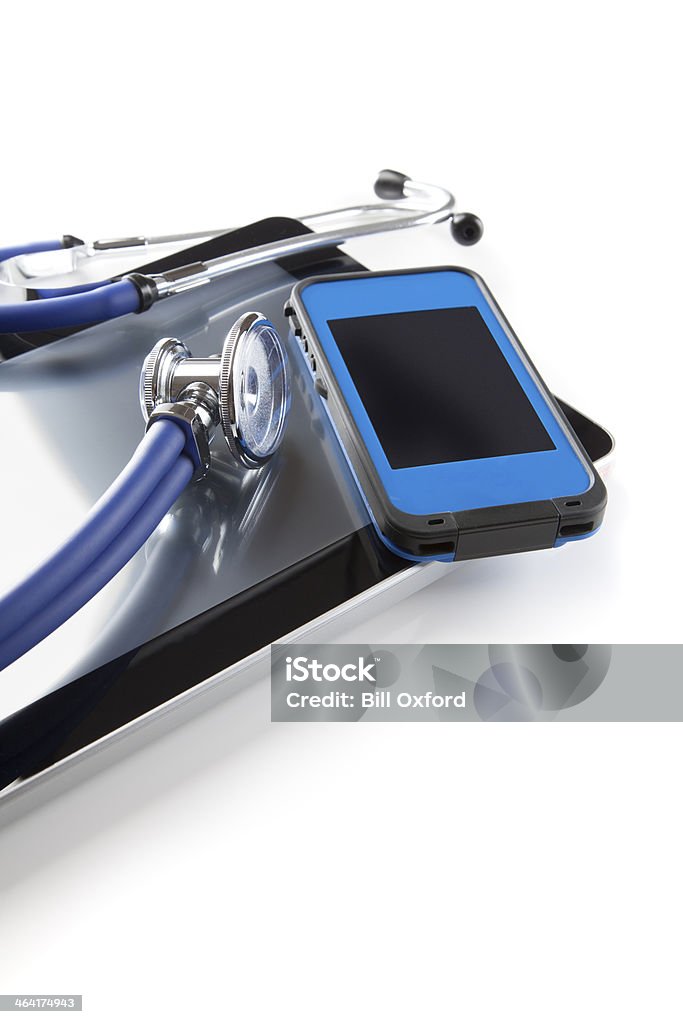 Medical Technology Digital tablet with stethoscope on white background. Blank Stock Photo