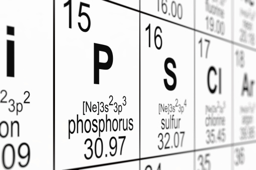 Detail of a partially blurred periodic table of the elements. Focus on phosphorus.