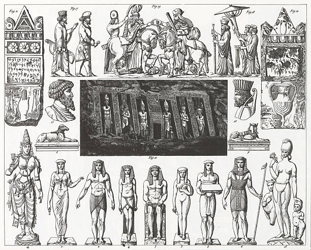 ilustraciones, imágenes clip art, dibujos animados e iconos de stock de escultura antigua grabado - armadura de dios