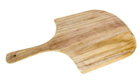 Seasoned, used pizza peel or pizza paddle. Horizontal.-For more tools, click here.  TOOLS