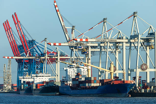 contentor de carga dos navios e guindastes de pórtico, porto de hamburgo - hamburg germany harbor cargo container commercial dock imagens e fotografias de stock