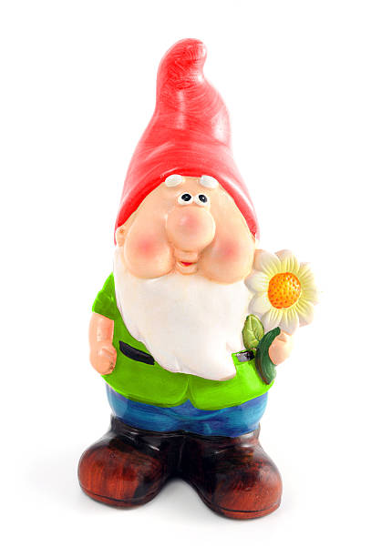 garden gnome mit blume in der hand - zwerg stock-fotos und bilder