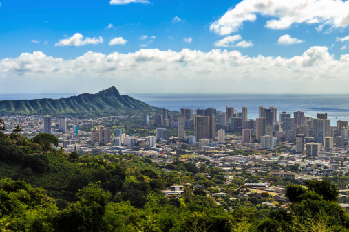 A view of Waikiki and Diamond Head as seen from Tantalus in the Koolau Mountain Range on Oahu, Hawaii