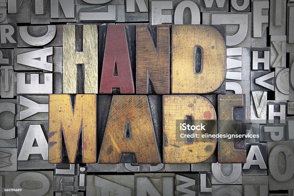 Hand Made Hand Made written in vintage letterpress type Aging Process Stock Photo