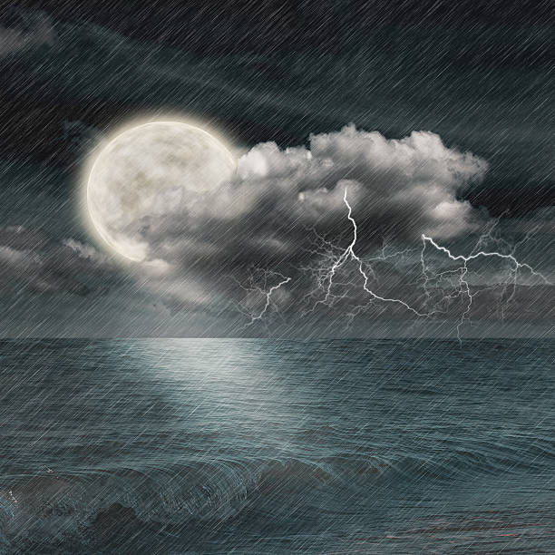 ストーム夜の海と月 - sea beach storm wave ストックフォトと画像