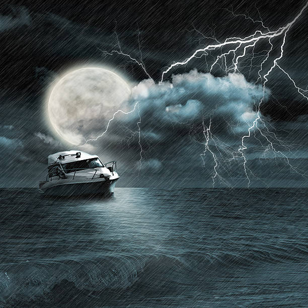 istock Boat in storm  evening on ocean and the moon 464200197