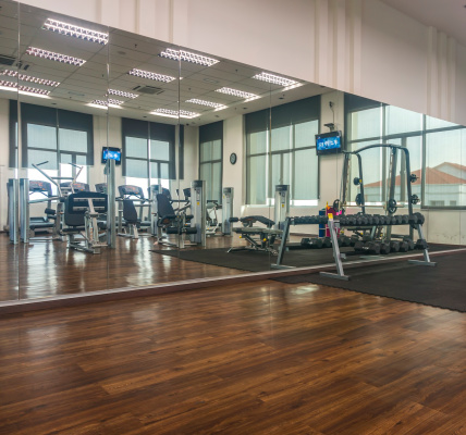 Sport building room interior with timber floor