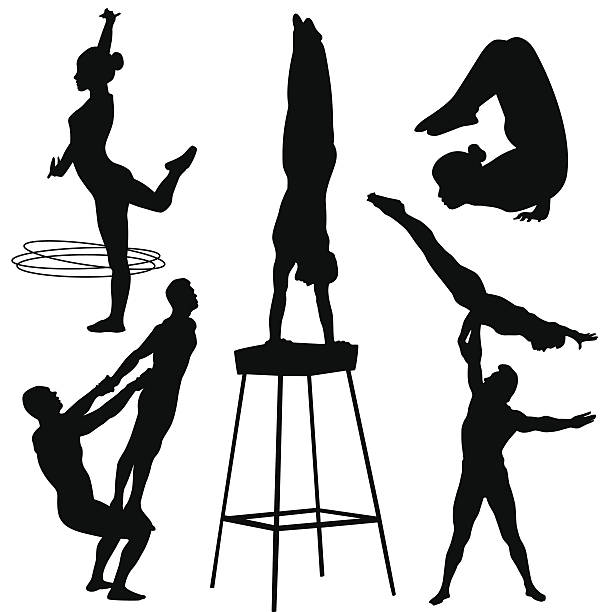 ilustrações, clipart, desenhos animados e ícones de artista sillhouette arcobat - acrobatic activity