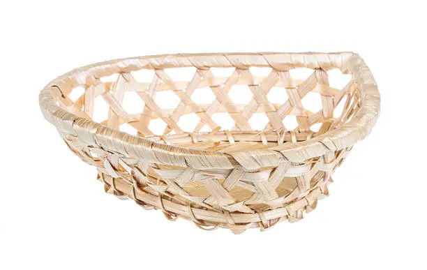 Wickerwork empty yellow breadbasket on white background