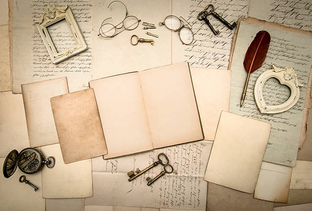 istock open book, vintage accessories, old letters and documents 464221119