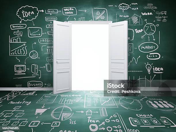 An Open Door In A Room Made Of Chalkboards Stock Photo - Download Image Now - Architecture, Business, Chalkboard - Visual Aid