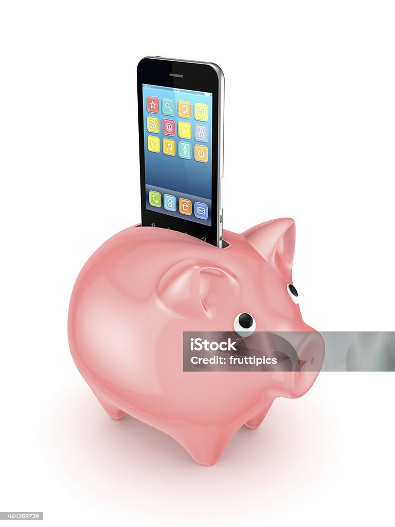 Pink piggy bank and modern mobile phone. Pink piggy bank and modern mobile phone.Isolated on white background.3d rendered. Communication Stock Photo