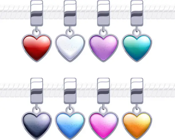 Vector illustration of Assorted metal charm heart pendants for necklace or bracelet.