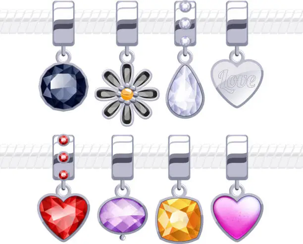 Vector illustration of Assorted metal charm pendants for necklace or bracelet.