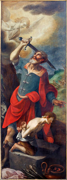 Mechelen - Proof of Abraham scene Mechelen - Proof of Abraham. Left panel of triptych David and Goliath by De Sayvede Oude from year 1624 in St. Rumbold's cathedral on September 6, 2013 in Mechelen, Belgium. father abraham stock illustrations