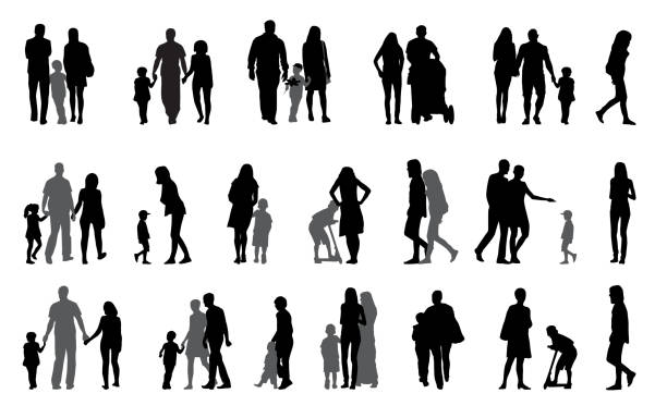 eltern und kinder mit kinderwagen spazieren silhouette vektor-illustration - child silhouette mother parent stock-grafiken, -clipart, -cartoons und -symbole