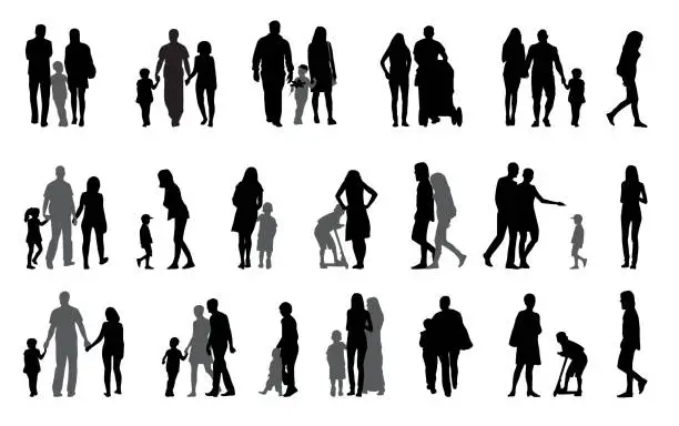 Vector illustration of Parents and children with pram Silhouette Vector Illustration