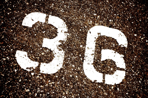 36 Thirty Six Number Painted on the Pavement. Grungy Urban Background.