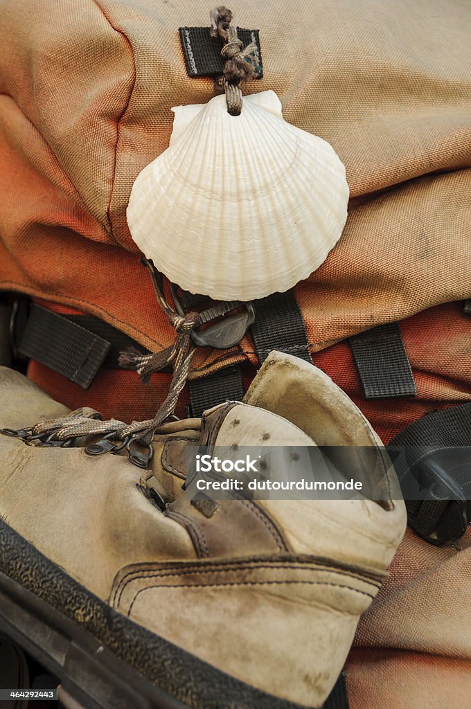 Shell and shoe on a backpak Shell and shoe on the backpack of a pilgrim on the Camino de Santiago Animal Shell Stock Photo