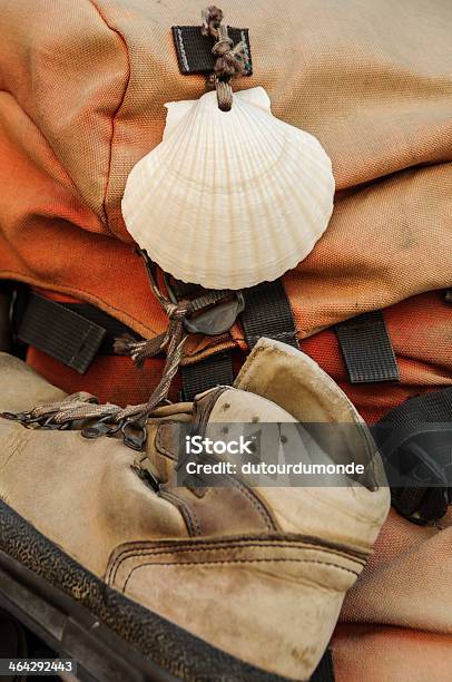 Shell And Shoe On A Backpak Stock Photo - Download Image Now - Animal Shell, Attached, Backpack