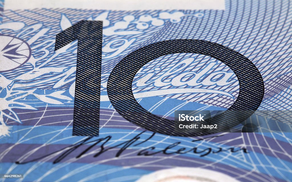 Macro detail of TEN on used Australian Dollar banknote Close-up of the obverse of an Australian ten Dollar banknote, shallow DOF Australia Stock Photo